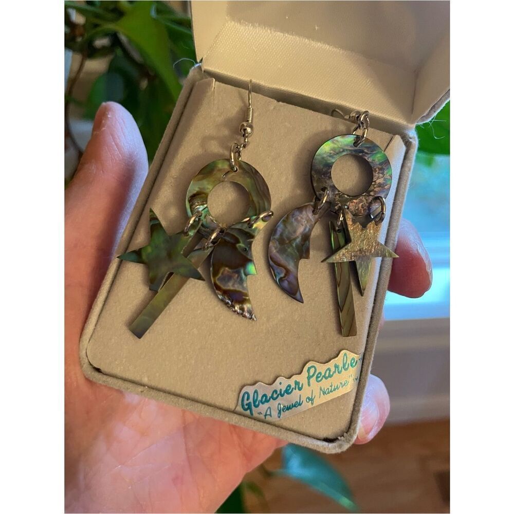 Abalone Glacier Pearls Shell Celestial Moon & Star Dangle Earrings - Picture 7 of 13